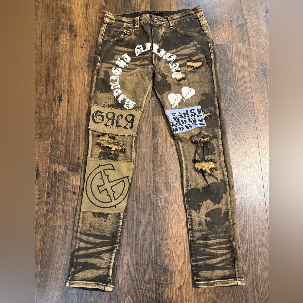 Gala Patch Work Distressed Black Mid-Wash Denim Jeans Men's Sz 34x32